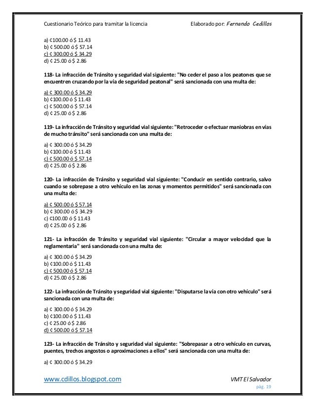 Cuestionario Teorico Para Tramitar La Licencia De Conducir