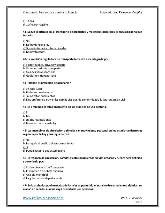 Cuestionario Teorico Para Tramitar La Licencia De Conducir