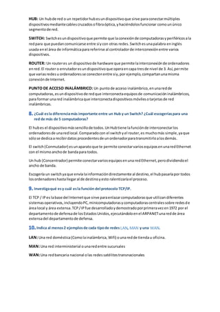 HUB: Un hubde red o un repetidorhubesundispositivoque sirve paraconectarmúltiples
dispositivosmediantecablescruzadosofibraóptica,yhaciéndolosfuncionar comounúnico
segmentode red.
SWITCH: Switchesundispositivoque permite que laconexiónde computadorasyperiféricosala
redpara que puedancomunicarse entre síycon otras redes.Switchesunapalabra eninglés
usada enel área de informáticapara referirse al controladorde interconexiónentre varios
dispositivos.
ROUTER: Un routeres un dispositivode hardware que permite lainterconexiónde ordenadores
enred.El router o enrutadoresundispositivoque operaencapa tresde nivel de 3. Así,permite
que variasredesu ordenadoresse conectenentre síy,por ejemplo,compartanunamisma
conexiónde Internet.
PUNTO DE ACCESO INALÁMBRICO: Un puntode acceso inalámbrico,enunaredde
computadoras,esundispositivode redque interconectaequiposde comunicacióninalámbricos,
para formar unared inalámbricaque interconectadispositivosmóvilesotarjetasde red
inalámbricas.
El hubes el dispositivomássencillode todos.UnHubtiene lafunciónde interconectarlos
ordenadoresde unaredlocal.Comparadocon el switchyel router,es muchomás simple,yaque
sólose dedicaa recibirdatos procedentesde unordenadorparatransmitirloalosdemás.
El switch(Conmutador) esunaparatoque te permite conectarvariosequiposenunaredEthernet
con el mismoanchode bandapara todos.
Un hub (Concentrador) permite conectarvariosequiposenuna redEthernet,perodividiendoel
ancho de banda.
Escogería un switchyaque envía lainformacióndirectamente al destino,el hubpasaríapor todos
losordenadoreshastallegaral de destinoyesto ralentizaríael proceso.
El TCP / IPes labase del Internetque sirve paraenlazarcomputadorasque utilizandiferentes
sistemasoperativos,incluyendoPC,minicomputadorasycomputadorascentralessobre redesde
área local y área extensa.TCP/IPfue desarrolladoydemostradoporprimeravezen1972 por el
departamentode defensade losEstadosUnidos,ejecutándoloenel ARPANETunaredde área
extensadel departamentode defensa.
LAN MAN WAN
LAN: Una red doméstica(Comolainalámbrica, Wifi) ounaredde tiendau oficina.
MAN: Una red interministerial ounaredentre sucursales
WAN:Una redbancaria nacional olas redessatélitestransnacionales
 