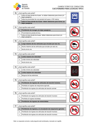  
EXAMEN TEÓRICO DE CONDUCCIÓN
CUESTIONARIO PARA LICENCIAS TIPO E
Nota: La respuesta correcta a cada pregunta está sombreada y marcada con negrilla.
70 ¿Qué significa esta señal?
a.
Indica el área donde los buses no deben detenerse para tomar y/o
dejar pasajeros
b. Indica la proximidad de una parada de buses a 100 metros.
c.
Indica el área donde los buses deben detenerse para tomar y/o
dejar pasajeros
71 ¿Qué significa esta señal?
a. Prohibición de recoger y/o dejar pasajeros
b. Proximidad de parada de bus.
c.
Indica el área donde los buses deben detenerse para tomar y/o
dejar pasajeros
72 ¿Qué significa esta señal?
a. Largo máximo de los vehículos que circulan por esa vía.
b. Ancho máximo de los vehículos que circulan por esa vía.
c. Ancho de la vía.
73 ¿Qué significa esta señal?
a. Límite máximo de velocidad
b. Límite mínimo de velocidad
c. Ancho de la vía.
74 ¿Qué significa esta señal?
a. Límite mínimo de velocidad
b. Límite máximo de velocidad
c. Ninguna de las anteriores
75 ¿Qué significa esta señal?
a. Prohibición de ingreso de vehículos de tracción humana
b. Prohibido el ingreso de maquinaria agrícola
c. Prohibición de ingreso de vehículos de tracción animal
76 ¿Qué significa esta señal?
a. Prohibición de ingreso de vehículos de tracción humana
b. Prohibido el ingreso bicicletas
c. Prohibición de ingreso de motocicletas
77 ¿Qué significa esta señal?
a. Prohibición de ingreso y /o circulación de maquinaria agrícola
b. Prohibición de ingreso de vehículos de tracción humana
c. Prohibición de ingreso de vehículos de tracción humana
 