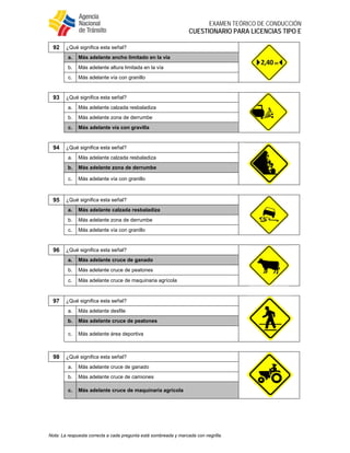  
EXAMEN TEÓRICO DE CONDUCCIÓN
CUESTIONARIO PARA LICENCIAS TIPO E
Nota: La respuesta correcta a cada pregunta está sombreada y marcada con negrilla.
92 ¿Qué significa esta señal?
a. Más adelante ancho limitado en la vía
b. Más adelante altura limitada en la vía
c. Más adelante vía con granillo
93 ¿Qué significa esta señal?
a. Más adelante calzada resbaladiza
b. Más adelante zona de derrumbe
c. Más adelante vía con gravilla
94 ¿Qué significa esta señal?
a. Más adelante calzada resbaladiza
b. Más adelante zona de derrumbe
c. Más adelante vía con granillo
95 ¿Qué significa esta señal?
a. Más adelante calzada resbaladiza
b. Más adelante zona de derrumbe
c. Más adelante vía con granillo
96 ¿Qué significa esta señal?
a. Más adelante cruce de ganado
b. Más adelante cruce de peatones
c. Más adelante cruce de maquinaria agrícola
97 ¿Qué significa esta señal?
a. Más adelante desfile
b. Más adelante cruce de peatones
c. Más adelante área deportiva
98 ¿Qué significa esta señal?
a. Más adelante cruce de ganado
b. Más adelante cruce de camiones
c. Más adelante cruce de maquinaria agrícola
 