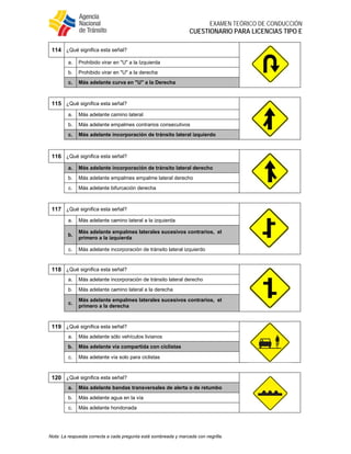  
EXAMEN TEÓRICO DE CONDUCCIÓN
CUESTIONARIO PARA LICENCIAS TIPO E
Nota: La respuesta correcta a cada pregunta está sombreada y marcada con negrilla.
114 ¿Qué significa esta señal?
a. Prohibido virar en "U" a la Izquierda
b. Prohibido virar en "U" a la derecha
c. Más adelante curva en "U" a la Derecha
115 ¿Qué significa esta señal?
a. Más adelante camino lateral
b. Más adelante empalmes contrarios consecutivos
c. Más adelante incorporación de tránsito lateral izquierdo
116 ¿Qué significa esta señal?
a. Más adelante incorporación de tránsito lateral derecho
b. Más adelante empalmes empalme lateral derecho
c. Más adelante bifurcación derecha
117 ¿Qué significa esta señal?
a. Más adelante camino lateral a la izquierda
b.
Más adelante empalmes laterales sucesivos contrarios, el
primero a la izquierda
c. Más adelante incorporación de tránsito lateral izquierdo
118 ¿Qué significa esta señal?
a. Más adelante incorporación de tránsito lateral derecho
b. Más adelante camino lateral a la derecha
c.
Más adelante empalmes laterales sucesivos contrarios, el
primero a la derecha
119 ¿Qué significa esta señal?
a. Más adelante sólo vehículos livianos
b. Más adelante vía compartida con ciclistas
c. Más adelante vía solo para ciclistas
120 ¿Qué significa esta señal?
a. Más adelante bandas transversales de alerta o de retumbo
b. Más adelante agua en la vía
c. Más adelante hondonada
 