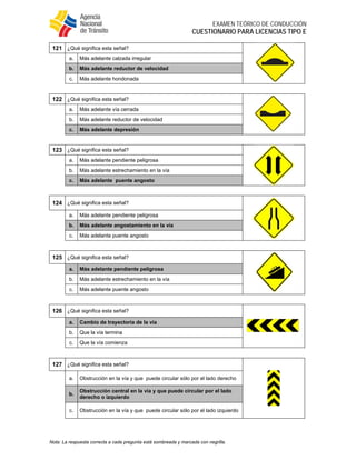  
EXAMEN TEÓRICO DE CONDUCCIÓN
CUESTIONARIO PARA LICENCIAS TIPO E
Nota: La respuesta correcta a cada pregunta está sombreada y marcada con negrilla.
121 ¿Qué significa esta señal?
a. Más adelante calzada irregular
b. Más adelante reductor de velocidad
c. Más adelante hondonada
122 ¿Qué significa esta señal?
a. Más adelante vía cerrada
b. Más adelante reductor de velocidad
c. Más adelante depresión
123 ¿Qué significa esta señal?
a. Más adelante pendiente peligrosa
b. Más adelante estrechamiento en la vía
c. Más adelante puente angosto
124 ¿Qué significa esta señal?
a. Más adelante pendiente peligrosa
b. Más adelante angostamiento en la vía
c. Más adelante puente angosto
125 ¿Qué significa esta señal?
a. Más adelante pendiente peligrosa
b. Más adelante estrechamiento en la vía
c. Más adelante puente angosto
126 ¿Qué significa esta señal?
a. Cambio de trayectoria de la vía
b. Que la vía termina
c. Que la vía comienza
127 ¿Qué significa esta señal?
a. Obstrucción en la vía y que puede circular sólo por el lado derecho
b.
Obstrucción central en la vía y que puede circular por el lado
derecho o izquierdo
c. Obstrucción en la vía y que puede circular sólo por el lado izquierdo
 