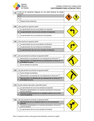  
EXAMEN TEÓRICO DE CONDUCCIÓN
CUESTIONARIO PARA LICENCIAS TIPO E
Nota: La respuesta correcta a cada pregunta está sombreada y marcada con negrilla.
128
¿Cuál de las siguientes imágenes es una señal temporal de trabajo
correcta?
a. 1
b. 2
c. Ninguna de las anteriores.
129 ¿Qué significa la siguiente señal?
a. La aproximación de una curva abierta a la Izquierda
b. La aproximación de una curva cerrada a la Izquierda
c. La aproximación de una contracurva a la Izquierda
130 ¿Qué significa la siguiente señal?
a. La aproximación de una curva abierta a la Derecha
b. La aproximación de una contracurva a la Derecha
c. La aproximación de una curva cerrada a la Derecha
131 ¿De qué previene al conductor la siguiente señal?
a. Aproximación a la izquierda de una intersección en forma de "T".
b.
Aproximación a la izquierda de una intersección en forma de "T"
al finalizar la curva.
c. Curva cerrada a la izquierda.
132 ¿De qué previene al conductor la siguiente señal?
a. Curva cerrada a la derecha.
b. Aproximación a la izquierda de una intersección en forma de "T".
c.
Aproximación a la derecha de una intersección en forma de "T"
al finalizar la curva.
133 Cuando observe esta señal. ¿Qué debe hacer?
a. La aproximación de una curva cerrada a la izquierda
b.
Previene la aproximación a un cruce de vías hacia la en la curva
hacia la izquierda.
c.
Previene la aproximación de un empalme externo en la curva
hacia la Izquierda.
134 ¿De qué previene al conductor la siguiente señal?
a.
Aproximación de un empalme externo en la curva hacia la
derecha.
b.
Previene la aproximación a un cruce de vías hacia la en la curva
hacia la derecha.
c. La aproximación de una curva cerrada a la derecha
 