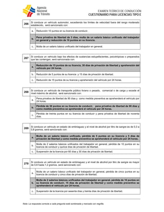  
EXAMEN TEÓRICO DE CONDUCCIÓN
CUESTIONARIO PARA LICENCIAS TIPO E
Nota: La respuesta correcta a cada pregunta está sombreada y marcada con negrilla.
266
Si conduce un vehículo automotor, excediendo los límites de velocidad fuera del rango moderado
establecido, será sancionado con:
a. Reducción 10 puntos en su licencia de conducir.
b.
Pena privativa de libertad de 3 días, multa de un salario básico unificado del trabajador
en general y reducción de 10 puntos en su licencia.
c. Multa de un salario básico unificado del trabajador en general.
267
Si conduce un vehículo bajo los efectos de sustancias estupefacientes, psicotrópicas o preparados
que las contengan, será sancionada con:
a.
Reducción de 15 puntos de su licencia, 30 días de privación de libertad y aprehensión del
vehículo por 24 horas.
b. Reducción de 5 puntos de su licencia y 15 días de privación de libertad.
c. Reducción de 15 puntos de su licencia y aprehensión del vehículo por 24 horas.
268
Si conduce un vehículo de transporte público liviano o pesado, comercial o de carga y excede el
nivel máximo de alcohol, será sancionado con:
a.
Pena privativa de libertad de 90 días y como medida preventiva se aprehenderá el vehículo por
24 horas.
b.
Pérdida de 30 puntos en su licencia de conducir, pena privativa de libertad de 90 días y
como medida preventiva se aprehenderá el vehículo por 24 horas.
c.
Pérdida de treinta puntos en su licencia de conducir y pena privativa de libertad de noventa
días.
269
Si conduce un vehículo en estado de embriaguez y el nivel de alcohol por litro de sangre es de 0,3 a
0,8 gramos, será sancionado con:
a.
Multa de un salario básico unificado, pérdida de 5 puntos en su licencia y 5 días de
privación de libertad y como medida preventiva se aprehenderá el vehículo por 24 horas.
b.
Multa de 2 salarios básicos unificados del trabajador en general, pérdida de 10 puntos en su
licencia de conducir y quince días de privación de libertad.
c. Suspensión de la licencia por 60 días y 30 días de privación de libertad.
270
Si conduce un vehículo en estado de embriaguez y el nivel de alcohol por litro de sangre es mayor
de 0,8 hasta 1,2 gramos, será sancionado con:
a.
Multa de un salario básico unificado del trabajador en general, pérdida de cinco puntos en su
licencia de conducir y cinco días de privación de libertad.
b.
Multa de 2 salarios básicos unificados del trabajador en general, pérdida de 10 puntos en
su licencia de conducir, 15 días de privación de libertad y como medida preventiva se
aprehenderá el vehículo por 24 horas.
c. Suspensión de la licencia por sesenta días y treinta días de privación de libertad.
 
