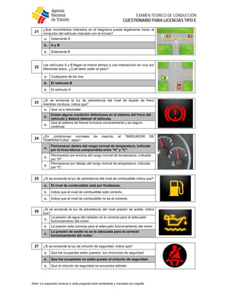  
EXAMEN TEÓRICO DE CONDUCCIÓN
CUESTIONARIO PARA LICENCIAS TIPO E
Nota: La respuesta correcta a cada pregunta está sombreada y marcada con negrilla.
21
¿Qué movimientos indicados en el diagrama puede legalmente hacer el
conductor del vehículo marcado con el círculo?
a. Solamente A
b. A y B
c. Solamente B
22
Los vehículos A y B llegan al mismo tiempo a una intersección en cruz por
diferentes lados. ¿Cuál debe ceder el paso?
a. Cualquiera de los dos
b. El vehículo B
c. El vehículo A
23
¿Si se enciende la luz de advertencia del nivel de liquido de freno
mientras conduce, indica que?
a. Que va a retroceder
b.
Existe alguna condición defectuosa en el sistema del freno del
vehículo y deberá detener el vehículo.
c.
Que el sistema de frenos funciona correctamente y es seguro
continuar
24
¿En condiciones normales de marcha, el "INDICADOR DE
TEMPERATURA", debe?
a.
Permanecer dentro del rango normal de temperatura, indicada
por la línea blanca comprendida entre "H" y "C"
b.
Permanecer por encima del rango normal de temperatura, indicada
por "H"
c.
Permanecer por debajo del rango normal de temperatura, indicada
por "C"
25 ¿Si se enciende la luz de advertencia del nivel de combustible indica que?
a. El nivel de combustible está por finalizarse.
b. Indica que el nivel de combustible está correcto.
c. Indica que el nivel de combustible no es el correcto.
26
¿Si se enciende la luz de advertencia del nivel presión de aceite, indica
que?
a.
La presión de agua del radiador es la correcta para el adecuado
funcionamiento del motor.
b. La presión esta correcta para el adecuado funcionamiento del motor.
c.
La presión de aceite no es la adecuada para el correcto
funcionamiento del motor.
27 ¿Si se enciende la luz de cinturón de seguridad, indica que?
a. Que los ocupantes están puestos los cinturones de seguridad
b. Que los ocupantes no están puesto el cinturón de seguridad.
c. Que el cinturón de seguridad se encuentra dañado.
 