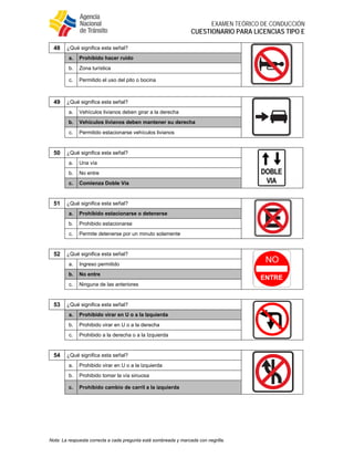  
EXAMEN TEÓRICO DE CONDUCCIÓN
CUESTIONARIO PARA LICENCIAS TIPO E
Nota: La respuesta correcta a cada pregunta está sombreada y marcada con negrilla.
48 ¿Qué significa esta señal?
a. Prohibido hacer ruido
b. Zona turística
c. Permitido el uso del pito o bocina
49 ¿Qué significa esta señal?
a. Vehículos livianos deben girar a la derecha
b. Vehículos livianos deben mantener su derecha
c. Permitido estacionarse vehículos livianos
50 ¿Qué significa esta señal?
a. Una vía
b. No entre
c. Comienza Doble Vía
51 ¿Qué significa esta señal?
a. Prohibido estacionarse o detenerse
b. Prohibido estacionarse
c. Permite detenerse por un minuto solamente
52 ¿Qué significa esta señal?
a. Ingreso permitido
b. No entre
c. Ninguna de las anteriores
53 ¿Qué significa esta señal?
a. Prohibido virar en U o a la Izquierda
b. Prohibido virar en U o a la derecha
c. Prohibido a la derecha o a la Izquierda
54 ¿Qué significa esta señal?
a. Prohibido virar en U o a la Izquierda
b. Prohibido tomar la vía sinuosa
c. Prohibido cambio de carril a la izquierda
 