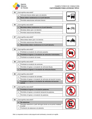  
EXAMEN TEÓRICO DE CONDUCCIÓN
CUESTIONARIO PARA LICENCIAS TIPO E
Nota: La respuesta correcta a cada pregunta está sombreada y marcada con negrilla.
55 ¿Qué significa esta señal?
a. Vehículos livianos deben girar a la derecha
b. Buses deben mantenerse en el carril derecho
c. Permitido estacionarse vehículos livianos
56 ¿Qué significa esta señal?
a. Bicicletas deben mantenerse en el carril derecho
b. Bicicletas deben girar a la derecha
c. Permitido estacionarse Bicicletas
57 ¿Qué significa esta señal?
a. Motocicletas deben girar a la derecha
b. Permitido estacionarse Motocicletas
c. Motocicletas deben mantenerse en el carril derecho
58 ¿Qué significa esta señal?
a. Prohibida la circulación de vehículos pesados
b. Prohibido el ingreso o circulación de vehículos motorizados.
c. Prohibida la circulación de buses
59 ¿Qué significa esta señal?
a. Prohibida la circulación de camiones
b. Permitido el ingreso o circulación de vehículos Buses.
c. Prohibido el ingreso o circulación de vehículos Buses.
60 ¿Qué significa esta señal?
a. Prohibida la circulación de animales
b. Permitido el ingreso o circulación de vehículos de tracción humana.
c.
Prohibido el ingreso o circulación de vehículos de tracción
animal.
61 ¿Qué significa esta señal?
a. Prohibido el ingreso o circulación peatones.
b. Permitido el ingreso o circulación temporal de peatones.
c. Permitido el ingreso o circulación de peatones.
62 ¿Qué significa esta señal?
a. No estacionar
b.
Permitido estacionar a partir del lugar donde se encuentre instalada
la señal
c. Prohibición de estacionar a la derecha
 
