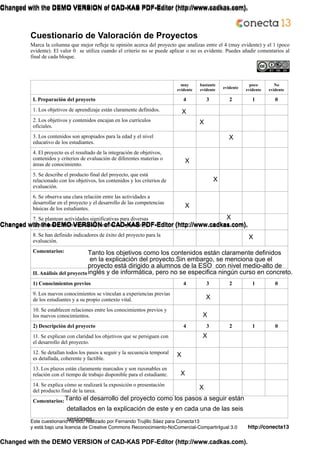 Cuestionario de Valoración de Proyectos
Marca la columna que mejor refleje tu opinión acerca del proyecto que analizas entre el 4 (muy evidente) y el 1 (poco
evidente). El valor 0 se utiliza cuando el criterio no se puede aplicar o no es evidente. Puedes añadir comentarios al
final de cada bloque.
!!
muy
evidente
bastante
evidente
evidente
poco
evidente
No
evidente
I. Preparación del proyecto 4 3 2 1 0
1. Los objetivos de aprendizaje están claramente definidos.
2. Los objetivos y contenidos encajan en los currículos
oficiales.
3. Los contenidos son apropiados para la edad y el nivel
educativo de los estudiantes.
4. El proyecto es el resultado de la integración de objetivos,
contenidos y criterios de evaluación de diferentes materias o
áreas de conocimiento.
5. Se describe el producto final del proyecto, que está
relacionado con los objetivos, los contenidos y los criterios de
evaluación.
6. Se observa una clara relación entre las actividades a
desarrollar en el proyecto y el desarrollo de las competencias
básicas de los estudiantes.
7. Se plantean actividades significativas para diversas
capacidades, distintos niveles y estilos de aprendizaje.
8. Se han definido indicadores de éxito del proyecto para la
evaluación.
Comentarios:
!
II. Análisis del proyecto
1) Conocimientos previos 4 3 2 1 0
9. Los nuevos conocimientos se vinculan a experiencias previas
de los estudiantes y a su propio contexto vital.
10. Se establecen relaciones entre los conocimientos previos y
los nuevos conocimientos.
2) Descripción del proyecto 4 3 2 1 0
11. Se explican con claridad los objetivos que se persiguen con
el desarrollo del proyecto.
12. Se detallan todos los pasos a seguir y la secuencia temporal
es detallada, coherente y factible.
13. Los plazos están claramente marcados y son razonables en
relación con el tiempo de trabajo disponible para el estudiante.
14. Se explica cómo se realizará la exposición o presentación
del producto final de la tarea.
Comentarios:
!
http://conecta13
Este cuestionario ha sido realizado por Fernando Trujillo Sáez para Conecta13!
y está bajo una licencia de Creative Commons Reconocimiento-NoComercial-CompartirIgual 3.0
X
X
X
X
X
X
X
X
X
X
X
X
X
X
Tanto los objetivos como los contenidos están claramente definidos
en la explicación del proyecto.Sin embargo, se menciona que el
proyecto está dirigido a alumnos de la ESO con nivel medio-alto de
inglés y de informática, pero no se especifica ningún curso en concreto.
Tanto el desarrollo del proyecto como los pasos a seguir están
detallados en la explicación de este y en cada una de las seis
sesiones.
Changed with the DEMO VERSION of CAD-KAS PDF-Editor (http://www.cadkas.com).
Changed with the DEMO VERSION of CAD-KAS PDF-Editor (http://www.cadkas.com).
Changed with the DEMO VERSION of CAD-KAS PDF-Editor (http://www.cadkas.com).
Changed with the DEMO VERSION of CAD-KAS PDF-Editor (http://www.cadkas.com).
Changed with the DEMO VERSION of CAD-KAS PDF-Editor (http://www.cadkas.com).
Changed with the DEMO VERSION of CAD-KAS PDF-Editor (http://www.cadkas.com).
Changed with the DEMO VERSION of CAD-KAS PDF-Editor (http://www.cadkas.com).
Changed with the DEMO VERSION of CAD-KAS PDF-Editor (http://www.cadkas.com).
Changed with the DEMO VERSION of CAD-KAS PDF-Editor (http://www.cadkas.com).
Changed with the DEMO VERSION of CAD-KAS PDF-Editor (http://www.cadkas.com).
Changed with the DEMO VERSION of CAD-KAS PDF-Editor (http://www.cadkas.com).
Changed with the DEMO VERSION of CAD-KAS PDF-Editor (http://www.cadkas.com).
 