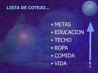 LISTA DE COTEJO…
• METAS
• EDUCACION
• TECHO
• ROPA
• COMIDA
• VIDA
 
