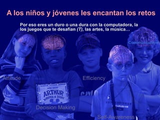 Decision Making
Efficiency
Attitude
Communication
Self-Awareness
A los niños y jóvenes les encantan los retos
Por eso eres un duro o una dura con la computadora, la
los juegos que te desafían (T), las artes, la música…
 
