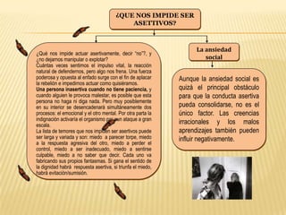 ¿QUE NOS IMPIDE SER
                                            ASETTIVOS?



                                                                   La ansiedad
¿Qué nos impide actuar asertivamente, decir “no”?, y
¿no dejarnos manipular o explotar?                                    social
Cuántas veces sentimos el impulso vital, la reacción
natural de defendernos, pero algo nos frena. Una fuerza
poderosa y opuesta al enfado surge con el fin de aplacar     Aunque la ansiedad social es
la rebelión e impedirnos actuar como quisiéramos.
Una persona inasertiva cuando no tiene paciencia, y          quizá el principal obstáculo
cuando alguien le provoca malestar, es posible que esta      para que la conducta asertiva
persona no haga ni diga nada. Pero muy posiblemente
en su interior se desencadenará simultáneamente dos          pueda consolidarse, no es el
procesos: el emocional y el otro mental. Por otra parta la   único factor. Las creencias
indignación activaría el organismo par aun ataque a gran
escala.
                                                             irracionales y los malos
La lista de temores que nos impiden ser asertivos puede      aprendizajes también pueden
ser larga y variada y son: miedo a parecer torpe, miedo      influir negativamente.
a la respuesta agresiva del otro, miedo a perder el
control, miedo a ser inadecuado, miedo a sentirse
culpable, miedo a no saber que decir. Cada uno va
fabricando sus propios fantasmas. Si gana el sentido de
la dignidad habrá respuesta asertiva, si triunfa el miedo,
habrá evitación/sumisión.
 