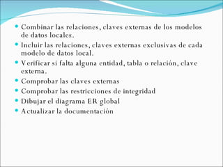 Combinar las relaciones, claves externas de los modelos de datos locales. Incluir las relaciones, claves externas exclusivas de cada modelo de datos local. Verificar si falta alguna entidad, tabla o relación, clave externa. Comprobar las claves externas Comprobar las restricciones de integridad Dibujar el diagrama ER global Actualizar la documentación  
