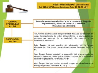 CUESTIONES PREVIAS: Generalidades
Art. 346 al 357 (Concordancia con Arts. 48, 52, 77 y 81)
FORMA DE
OPONIBILIDAD
Art. 348
Acumulativamente en el mismo acto, al comparecer luego del
emplazamiento, en vez de contestar la demanda.
(Después no se admitirán).
CLASIFICACIÓN
Art. 346
1er. Grupo: Cuatro causas de oponibilidad: Falta de Jurisdicción del
Juez, Incompetencia de éste: Litispendencia o acumulación de
procesos por razones de accesoriedad, de conexión o de
continencia. Ordinal 1º.
2do. Grupo: La que pueden ser subsanadas por la actora
(Subsanación; fase previa, no ocasionan costas). Ordinales del 2º al
6º.
3er. Grupo: Pueden conducir a suspensión del proceso antes de
sentencia definitiva, hasta que se cumpla la condición o se resuelva
la cuestión prejudicial. Ordinales 7º y 8º.
4to. Grupo: Las que pueden conducir a que sea desechado o se
extinga el proceso. Ordinales 9º, 10º y 11º.
 