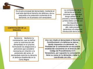 CONTESTACIÓN DE LA
DEMANDA
Es el acto procesal del demandado, mediante el
cual este ejercita el derecho de defensa y da su
respuesta a la pretensión contenida en la
demanda, en el proceso civil venezolano
La contestación de la
demanda es un acto
procesal, que para que
tenga validez en el
proceso y transcendencia
jurídica debe cumplir con
los requisitos
establecidos en ley para
ello, este proceso
pertenece a la etapa de
introducción de la causa.
Sentencia Mediante la
contestación, que se define
como la intervención del
demandado en el proceso
formulando las alegaciones y
peticiones que considere
necesarias en relación a la
pretensión del actor, el
demandado ejercita su derecho
al defensa establecido en la
Carta Magna
Una vez citado al demandado el Derecho
Constitucional a la defensa se ejerce
dando respuesta a la demanda. La
finalidad de la contestación se encuentra
establecida claramente en el Artículo 361
Código de Procedimiento Civil
Venezolano, por supuesto la contestación
tiene su causa en la demanda y debe ir
coordinada con ella.
 