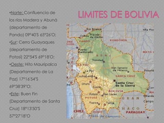 LIMITES DE BOLIVIA Norte: Confluencia de los ríos Madera y Abuná(departamento de Pando) 09°40′S 65°26′O;