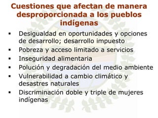 Cuestiones que afectan de manera
 desproporcionada a los pueblos
            indígenas
   Desigualdad en oportunidades y opciones
    de desarrollo; desarrollo impuesto
   Pobreza y acceso limitado a servicios
   Inseguridad alimentaria
   Polución y degradación del medio ambiente
   Vulnerabilidad a cambio climático y
    desastres naturales
   Discriminación doble y triple de mujeres
    indígenas
 