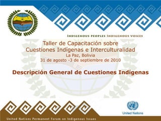 Taller de Capacitación sobre
    Cuestiones Indígenas e Interculturalidad
                     La Paz, Bolivia
         31 de agosto -3 de septiembre de 2010


Descripción General de Cuestiones Indígenas
 