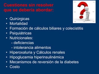 Cuestiones sin resolver  que se debería abordar: Quirúrgicas Mortalidad Formación de cálculos biliares y colecistitis Psiquiátricas Nutricionales: - deficiencias - intolerancia alimentos Hiperoxaluria y Cálculos renales Hipoglucemia hiperinsulinémica Mecanismos de reversión de la diabetes Costo 