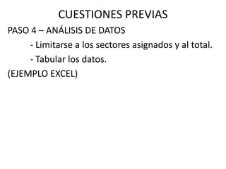 CUESTIONES PREVIAS
PASO 4 – ANÁLISIS DE DATOS
- Limitarse a los sectores asignados y al total.
- Tabular los datos.
(EJEMPLO EXCEL)

 