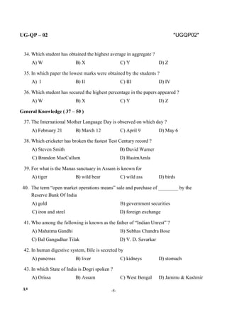 UG-QP – 02 *UGQP02*
34. Which student has obtained the highest average in aggregate ?
A) W B) X C) Y D) Z
35. In which paper the lowest marks were obtained by the students ?
A) I B) II C) III D) IV
36. Which student has secured the highest percentage in the papers appeared ?
A) W B) X C) Y D) Z
General Knowledge ( 37 – 50 )
37. The International Mother Language Day is observed on which day ?
A) February 21 B) March 12 C) April 9 D) May 6
38. Which cricketer has broken the fastest Test Century record ?
A) Steven Smith B) David Warner
C) Brandon MacCullum D) HasimAmla
39. For what is the Manas sanctuary in Assam is known for
A) tiger B) wild bear C) wild ass D) birds
40. The term “open market operations means” sale and purchase of ________ by the
Reserve Bank Of India
A) gold B) government securities
C) iron and steel D) foreign exchange
41. Who among the following is known as the father of “Indian Unrest” ?
A) Mahatma Gandhi B) Subhas Chandra Bose
C) Bal Gangadhar Tilak D) V. D. Savarkar
42. In human digestive system, Bile is secreted by
A) pancreas B) liver C) kidneys D) stomach
43. In which State of India is Dogri spoken ?
A) Orissa B) Assam C) West Bengal D) Jammu & Kashmir
A* -8-
 