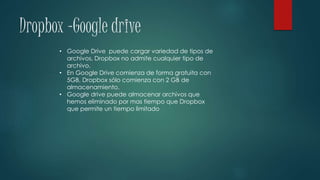 Dropbox –Google drive
• Google Drive puede cargar variedad de tipos de
archivos, Dropbox no admite cualquier tipo de
archivo.
• En Google Drive comienza de forma gratuita con
5GB, Dropbox sólo comienza con 2 GB de
almacenamiento.
• Google drive puede almacenar archivos que
hemos eliminado por mas tiempo que Dropbox
que permite un tiempo limitado
 
