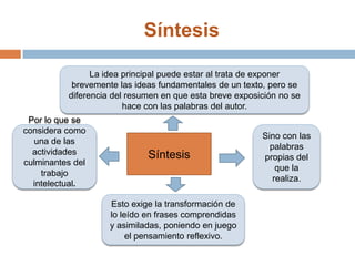 Síntesis

                La idea principal puede estar al trata de exponer
           brevemente las ideas fundamentales de un texto, pero se
          diferencia del resumen en que esta breve exposición no se
                        hace con las palabras del autor.
 Por lo que se
considera como
                                                         Sino con las
   una de las
                                                           palabras
  actividades                Síntesis                    propias del
culminantes del
                                                             que la
    trabajo
                                                            realiza.
  intelectual.

                    Esto exige la transformación de
                    lo leído en frases comprendidas
                    y asimiladas, poniendo en juego
                         el pensamiento reflexivo.
 