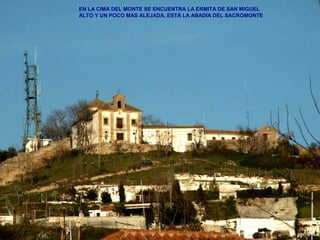 EN LA CIMA DEL MONTE SE ENCUENTRA LA ERMITA DE SAN MIGUEL
ALTO Y UN POCO MAS ALEJADA, ESTÁ LA ABADÍA DEL SACROMONTE
 