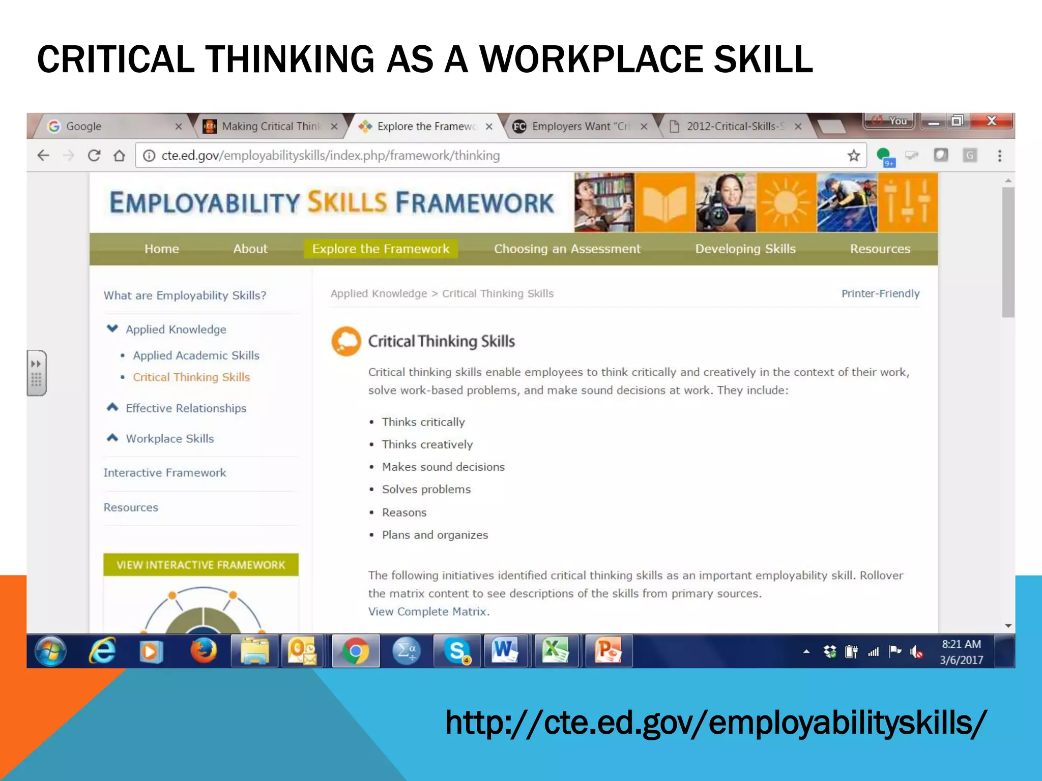 CRITICAL THINKING AS A WORKPLACE SKILL
http://cte.ed.gov/employabilityskills/
 