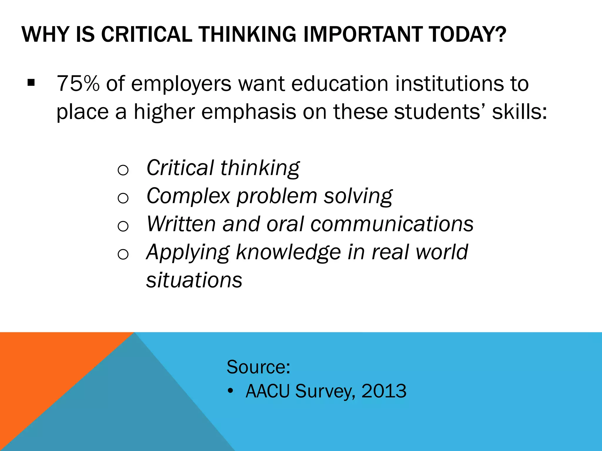 WHY IS CRITICAL THINKING IMPORTANT TODAY?
 75% of employers want education institutions to
place a higher emphasis on these students’ skills:
o Critical thinking
o Complex problem solving
o Written and oral communications
o Applying knowledge in real world
situations
Source:
• AACU Survey, 2013
 