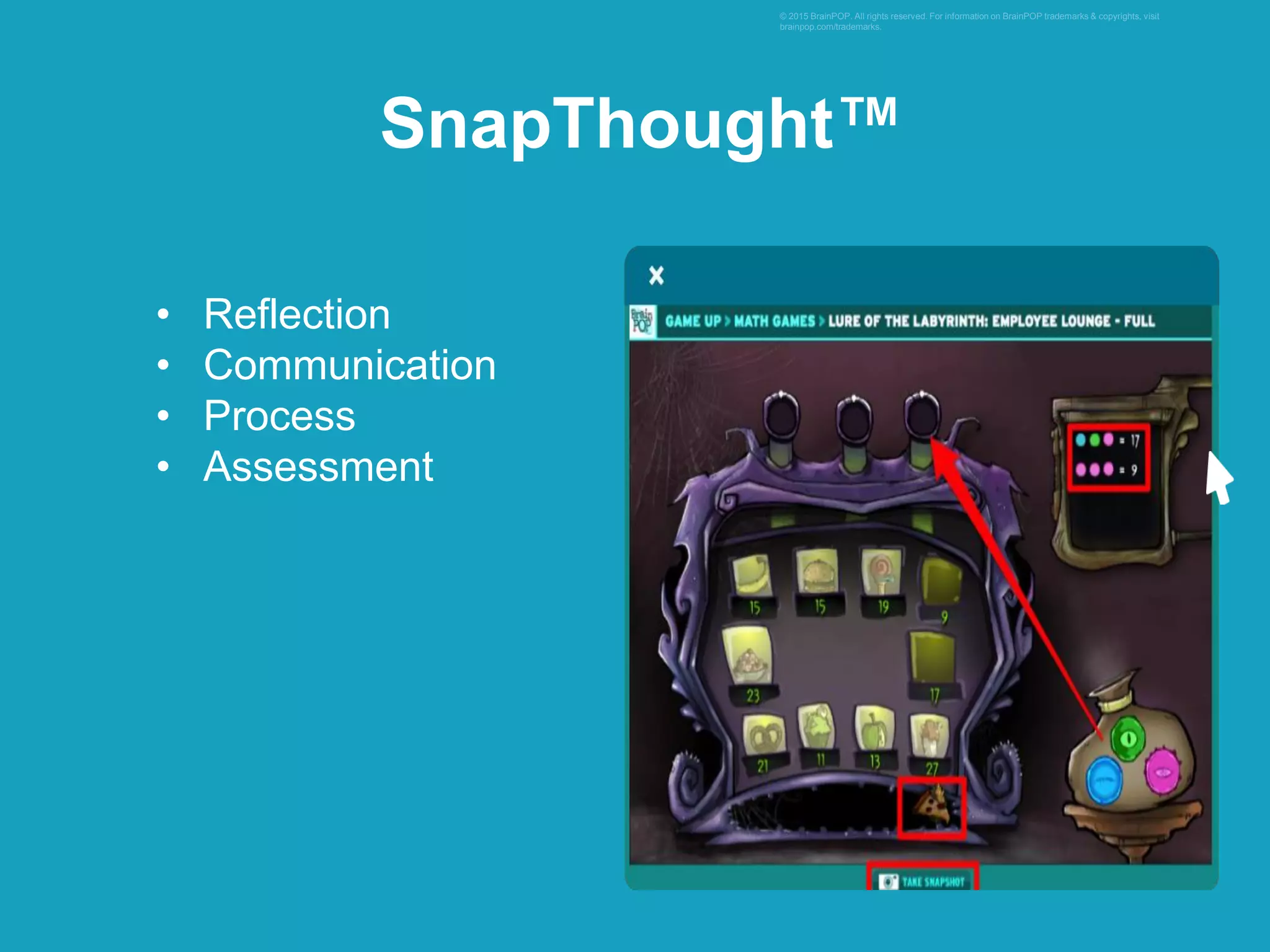 • Reflection
• Communication
• Process
• Assessment
© 2015 BrainPOP. All rights reserved. For information on BrainPOP trademarks & copyrights, visit
brainpop.com/trademarks.
SnapThought™
 