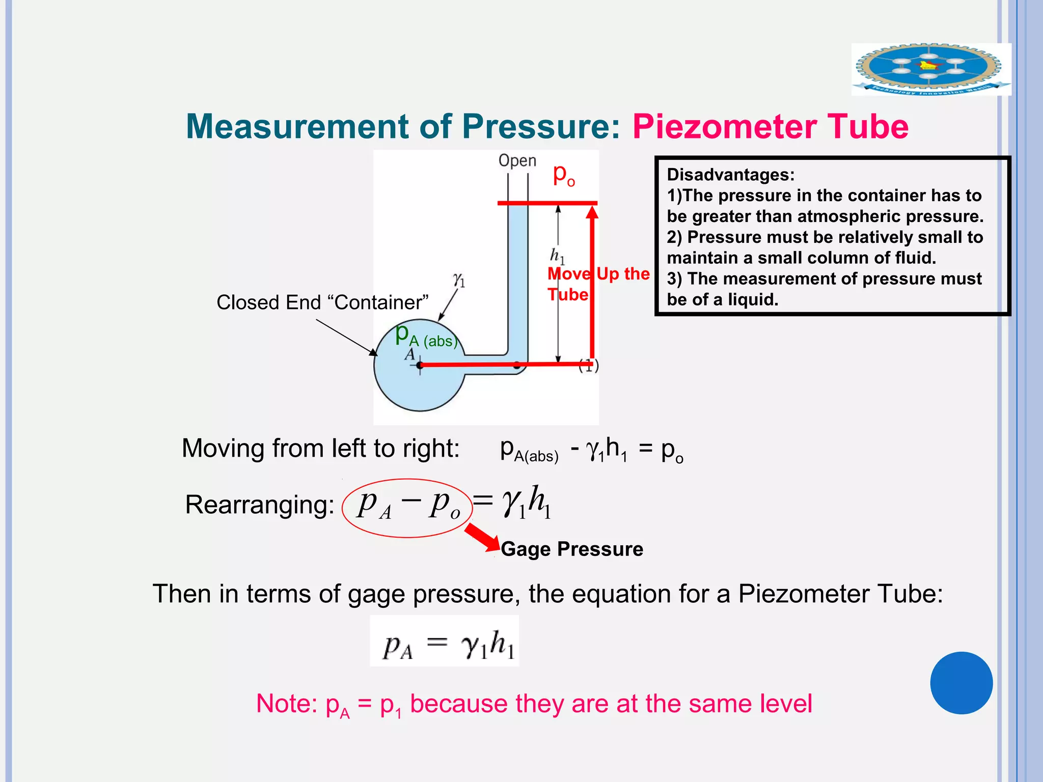 Measurement of Pressure: Piezometer Tube
pA (abs)
Moving from left to right:
Closed End “Container”
pA(abs) - γ1h1 = po
po
Move Up the
Tube
Rearranging: 11hpp oA γ=−
Gage Pressure
Then in terms of gage pressure, the equation for a Piezometer Tube:
Disadvantages:
1)The pressure in the container has to
be greater than atmospheric pressure.
2) Pressure must be relatively small to
maintain a small column of fluid.
3) The measurement of pressure must
be of a liquid.
Note: pA = p1 because they are at the same level
 