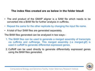Computational Biology and Genomics Facility, Indian Veterinary Research Institute
• The end product of the GMAP aligner is a SAM file which needs to be
converted into a BAM file for further analysis in cufflinks.
• Repeat the same for the other replicate by changing the input file name.
• A total of four SAM files are generated separately.
The BAM files generated can be analysed in two ways -
1. The BAM files can be used to generate a merged assembly of transcripts
via cufflinks and cuffmerge. This merged assembly (i.e merged.gtf) is
used in cuffdiff to generate differential expressed genes.
2. Cuffdiff can be used directly to generate differentially expressed genes
using the BAM files generated.
The index files created are as below in the folder btau8 
 