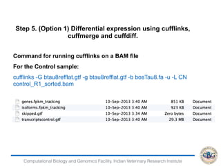 Computational Biology and Genomics Facility, Indian Veterinary Research Institute
Command for running cufflinks on a BAM file
For the Control sample:
cufflinks -G btau8refflat.gtf -g btau8refflat.gtf -b bosTau8.fa -u -L CN
control_R1_sorted.bam
Step 5. (Option 1) Differential expression using cufflinks,
cuffmerge and cuffdiff.
 
