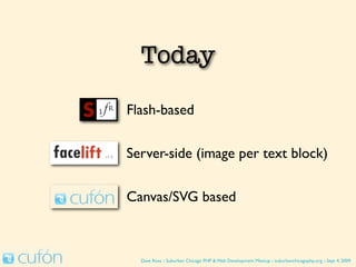 Modern Techniques

    Flash-based

    Server-side (image per text block)

    Canvas/SVG based



      Dave Ross :: Suburban Chicago PHP & Web Development Meetup :: suburbanchicagophp.org :: Sept 4, 2009
 