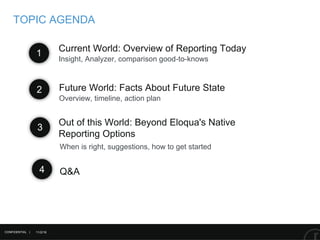 11/2/16
Insight, Analyzer, comparison good-to-knows
Overview, timeline, action plan
When is right, suggestions, how to get started
TOPIC AGENDA
1
2
3
Future World: Facts About Future State
4
Out of this World: Beyond Eloqua's Native
Reporting Options
Current World: Overview of Reporting Today
Q&A
CONFIDENTIAL |
 