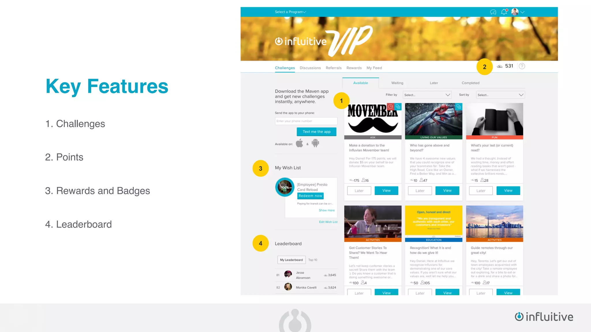 2
1
3
4
Key Features
1. Challenges
2. Points
3. Rewards and Badges
4. Leaderboard
 