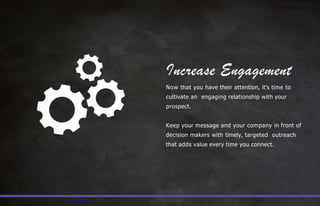 Increase Engagement
Now that you have their attention, it’s time to
cultivate an engaging relationship with your
prospect.
Keep your message and your company in front of
decision makers with timely, targeted outreach
that adds value every time you connect.
— PFL.com/TMA —
 