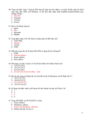 6
40. Trong mô hình mạng 7 tầng do ISO công bố, tầng nào làm nhiệm vụ truyền dữ liệu giữa hai điểm
cuối, thực hiện kiểm soát lỗi/luồng, có thể thực hiện ghép kênh (multiplexing/demultiplexing),
cắt/hợp dữ liệu:
a. Data link
b. Transport
c. Network
d. Session
41. Đơn vị đo thông lượng là:
a. Byte/s
b. Bit/s
c. Byte/phút
d. Bit/phút
42. Công nghệ mạng LAN nào được sử dụng rộng rãi nhất hiện nay?
a. Token Ring
b. Ethernet
c. ArcNet
d. FDDI
43. Phần nào trong địa chỉ IP được ROUTER sử dụng khi tìm đường đi?
a. FDDI
b. Network address
c. Router address
d. Host address
44. Một mạng con lớp A mượn 21 bit để chia Subnet thì Subnet Mask sẽ là:
a. 255.255.224.0
b. 255.255.192.0
c. 255.255.248.0
d. 255.255.255.248 (111110002 = 248)
45. Địa chỉ nào trong số những địa chỉ dưới đây là địa chỉ Broadcast của IP thuộc lớp C?
a. 190.12.253.255
b. 190.44.255.255
c. 221.218.253.255
d. 129.219.145.255
46. Số lượng bit nhiều nhất có thể mượn để chia Subnet của địa chỉ IP lớp C là?
a. 2
b. 4
c. 6
d. 8
47. Trong HEADER của IP PACKET có chứa:
a. Source address
b. Destination address
c. Source and Destination addresses
d. Không chứa địa chỉ nào cả
 