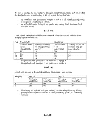 Có một xe tải chạy đi 2 lần và chạy về 2 lần giữa nông trường X và nhà ga Y với tốc độ (
dvt: km/h) như sau: lượt đi lần lượt là 40, 35. lượt về lần lượt là 45,60
- hãy tính tốc độ bình quân của xe trong tất cả lượt đi và về, biết rằng quãng đường
từ nhà ga đến nông trường là 120km.
- nếu không biết quãng đường từ nhà ga đến nông trường thì có tính được tốc độ
bình quân không?
Bài số 3.10
Có tài liệu về 2 xí nghiệp chế biến thuộc công ty K cùng sản xuất một loại sản phẩm
trong kỳ nghiên cứu như sau:
Quý Xí nghiệp X Xí nghiệp Y
Giá thành Đơn
vị sản
phẩm(1000d)
Tỷ trọng sản lượng
của từng quý trong
năm(%)
Giá thành đơn
vị sản
phẩm(1000d)
Tỷ trọng chi phí sản
xuất của từng quý
trong năm(%)
I 19,5 16 20,0 18
II 20,2 35 21,4 36
III 20,4 30 19,2 29
IV 19,8 19 18,5 17
- tính giá thành bình quân đơn vị sản phẩm của xí nghiệp X
- tính giá thành bình quân đơn vị sản phẩm của xí nghiệp Y
bài số 3.11
có tình hình sản xuất tại 2 xí nghiệp dệt trong 6 tháng của 1 năm như sau:
Xí nghiệp Quý III Quý IV
Sản lượng
vải(1000m)
Tỷ trọng vải
loại I(%)
Sản lượng
vải(1000m)
Tỷ trọng vải
loại I(%)
A 240 90 250 92
B 360 92 350 94
- tính tỷ trọng vải loại một bình quân mỗi quý của từng xí nghiệp trong 6 tháng
- tỷ trọng vải loại một bình quân cho cả 2 xí nghiệp trong quý III, IV và 6 tháng
cuối năm.
Bài 3.12
 