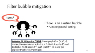 Filter bubble mitigation
• There is an existing bubble
• A more general setting
Item A
Problem FB Mitigation (FBM): Given graph ! = #, %, & ,
competition parameter ', 0 < ' < 1, fixed A seeds +,, and
budget -, find B seeds +., such that +. ≤ - and the
expected welfare is maximized.
12/13/22 CUHK-Shenzhen, China
107
 