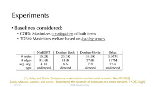 Experiments
• Baselines considered:
• COEX: Maximizes co-adoptions of both items
• TDEM: Maximizes welfare based on leaning scores
[Tu, Aslay, and Gionis. Co-exposure maximization in online social networks. NeurIPS 2020].
[Aslay, Matakos, Galbrun, and Gionis. "Maximizing the diversity of exposure in a social network. TKDE 2020]
12/13/22 CUHK-Shenzhen, China
116
 