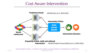 [Thirumuruganathan, Simpson, L. To intervene or not to intervene: cost based intervention for combating fake news. SIGMOD 2021]
Cost Aware Intervention
12/13/22 CUHK-Shenzhen, China 135
dEFEND [Shu et al. KDD 2019].
Marked Hawke Process [Mishra et al. CIKM 2016].
 