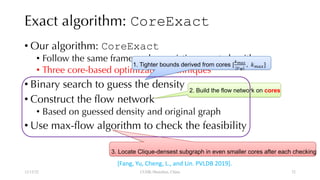 Exact algorithm: CoreExact
• Our algorithm: CoreExact
• Follow the same framework as existing exact algorithm
• Three core-based optimization techniques
• Binary search to guess the density
• Construct the flow network
• Based on guessed density and original graph
• Use max-flow algorithm to check the feasibility
12/13/22 CUHK-Shenzhen, China
1. Tighter bounds derived from cores [
"#$%
&'
, )*+,]
2. Build the flow network on cores
3. Locate Clique-densest subgraph in even smaller cores after each checking
[Fang, Yu, Cheng, L., and Lin. PVLDB 2019].
32
 
