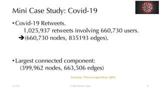 Mini Case Study: Covid-19
•Covid-19 Retweets.
1,025,937 retweets involving 660,730 users.
è(660,730 nodes, 835193 edges).
•Largest connected component:
(399,962 nodes, 663,506 edges)
12/13/22 CUHK-Shenzhen, China
Courtesy: Thirumuruganathan, QCRI.
36
 