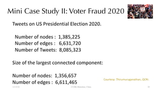 Mini Case Study II: Voter Fraud 2020
12/13/22 CUHK-Shenzhen, China
Tweets on US Presidential Election 2020.
Number of nodes : 1,385,225
Number of edges : 6,631,720
Number of Tweets: 8,085,323
Size of the largest connected component:
Number of nodes: 1,356,657
Number of edges : 6,611,465
Courtesy: Thirumuruganathan, QCRI.
38
 