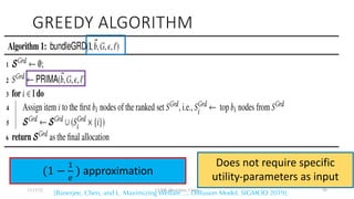 A simple greedy still works
GREEDY ALGORITHM
Does not require specific
utility-parameters as input
(1 −
$
%
) approximation
12/13/22 CUHK-Shenzhen, China
[Banerjee, Chen, and L. Maximizing Welfare … Diffusion Model. SIGMOD 2019].
98
 