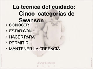 La técnica del cuidado:
Cinco categorías de
Swanson
• CONOCER
• ESTAR CON
• HACER PARA
• PERMITIR
• MANTENER LA CREENCIA
 