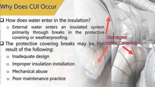 Damaged
Protective Covering
 How does water enter in the insulation?
o External water enters an insulated system
primarily through breaks in the protective
covering or weatherproofing.
 The protective covering breaks may be the
result of the following:
o Inadequate design
o Improper insulation installation
o Mechanical abuse
o Poor maintenance practice
Why Does CUI Occur
 