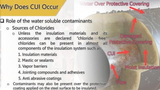 Moist Insulation
CUI
Damaged
Protective Covering
Pipe
Water Over Protective Covering
 Role of the water soluble contaminants
o Sources of Chlorides
o Unless the insulation materials and its
accessories are declared “chloride free”
chlorides can be present in almost all
components of the insulation system such as:
1. Insulation materials
2. Mastic or sealants
3. Vapor barriers
4. Jointing compounds and adhesives
5. Anti abrasive coatings
o Contaminants may also be present over the protective
coating applied on the steel surface to be insulated.
Why Does CUI Occur
 